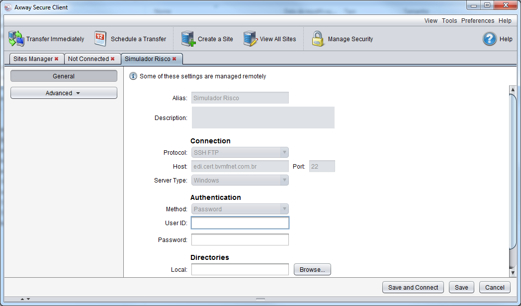 16 de 19 Inserir em Autentication o User ID (Ex I000999) e Password (Senha disponibilizada pela BM&FBOVESPA). e. Configurando os diretórios de Arquivos Criar diretórios no participante para envio e recepção dos arquivos processados pelo Simulado de Risco.