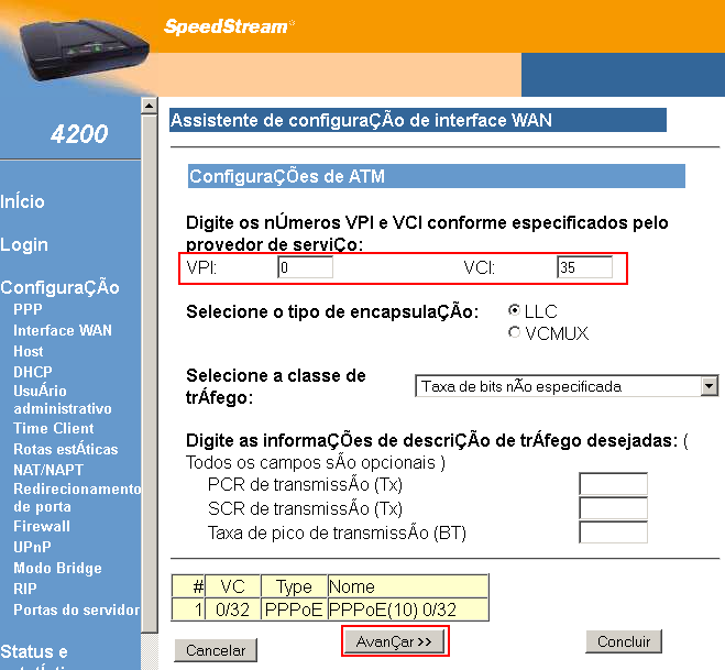 3 Informe os valores de VPI e VCI, conforme