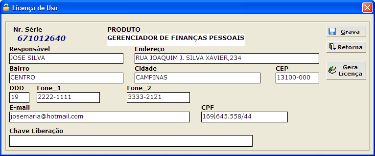 Usar o botão Gera Licença para enviar as informações a CPS CONSULTORIA por email a tela de envio será aberta automaticamente.