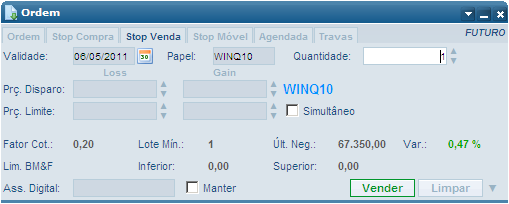 Gain - o preenchimento é opcional e são valores acima do último negócio. Prc. Disparo - preço programado para envio da ordem limitada do Gain. Idem, observação Preço Limite.