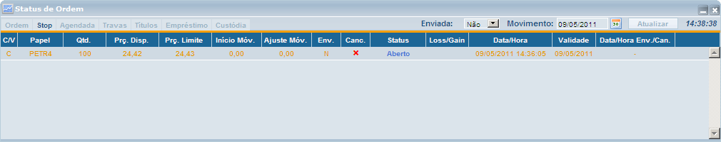 Tela 37 Procedimento: Clicar na aba Stop e a tela de Status de Ordem Stop é exibida (Tela 37).