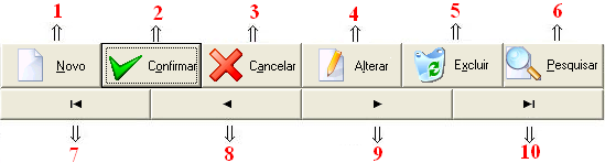 O menu de navegação é dividido em: 1) Botão NOVO: usado quando se deseja inserir novos dados; 2) Botão CONFIRMAR: usado quando se deseja confirmar a inclusão, alteração ou exclusão dos dados em