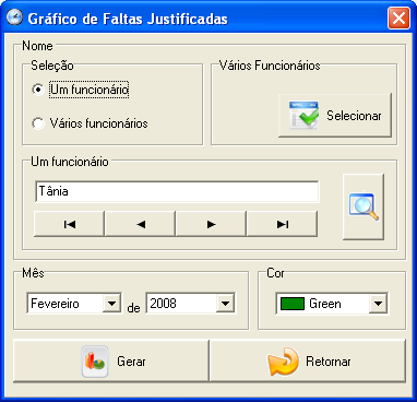 1. Funcionários X Mês - Permite visualizar em um único gráfico de colunas as faltas justificadas que o(s) funcionário(s) fizeram em um determinado mês.