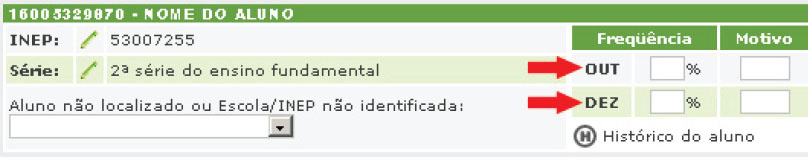 Para confirmar o registro da frequência é necessário clicar no botão Enviar ; - A escola informa que há aluno(s) com frequência maior ou igual a 85% (deixar em branco o quadro de frequência.