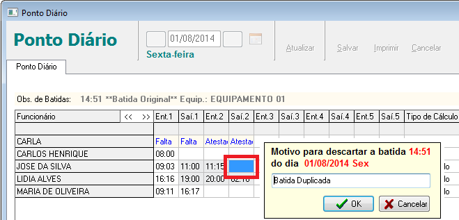 3 Inserir batidas, para inserir batidas o quadrado deve estar em branco, clique em cima do quadrado depois coloque o horário que esta faltando, depois de colocar o horário um quadro de motivos ira