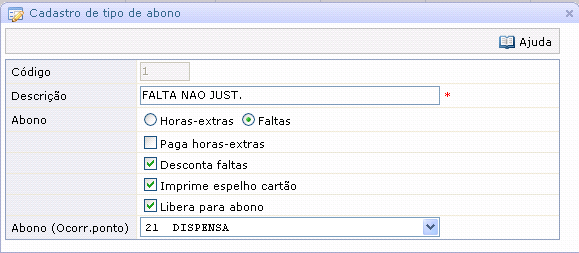 Manual do Usuário Módulo ResultWeb Ponto Eletrônico Pág.: 27 de 55 Tela de seleção de tipos de abono Tela de cadastro de tipos de abono Código : Código seqüencial gerado automaticamente pelo sistema.