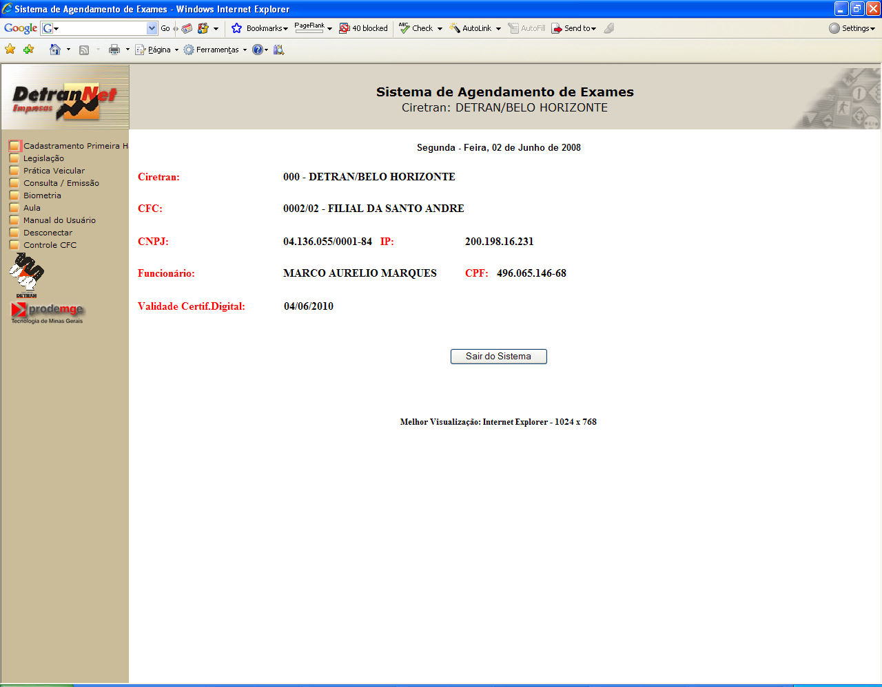 4.1.1.2 ACESSO AO MENU PRINCIPAL Contém a relação de todas as funções do sistema, localizadas no lado esquerdo da tela. MARCO TERSTE BIOMETRICO 789.456.123.