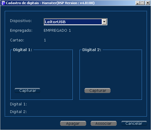 Especificações Técnicas Inner Rep 12.6 Procedimento cadastro da digital com Hamster Dentro do menu "Cadastro de Empregado", clique em "Biometria.
