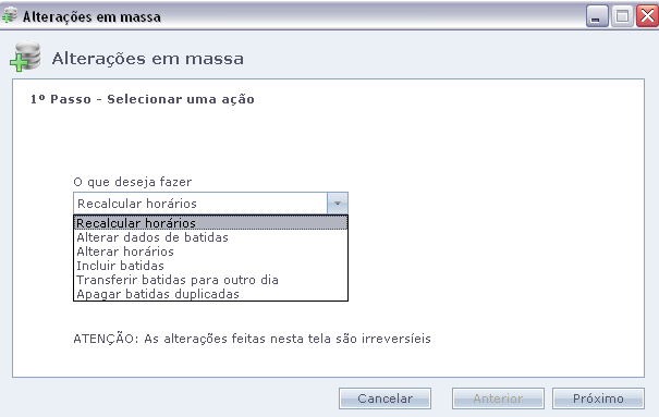 26.Alterações em Massa Recalcular horários: Recalcula os horários colocando a configuração atual de horário de trabalho na memória. Para poder calcular o ponto.