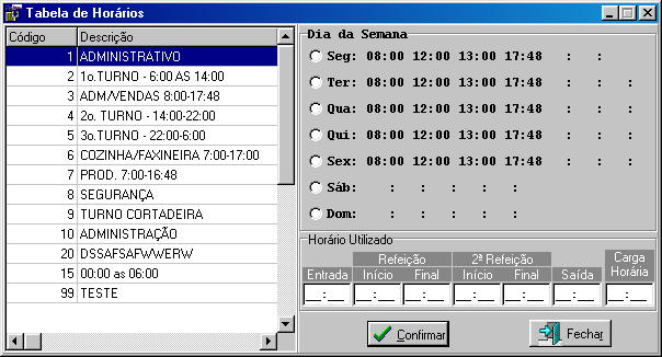 Tabela de Horários: Esta tabela exibirá um quadro com a cor e o horário correspondente.