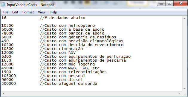 O conjunto de custos variáveis utilizado pelo bloco para a estimação dos custos da perfuração também será composta por 16 dados, que devem ser carregados da seguinte maneira.