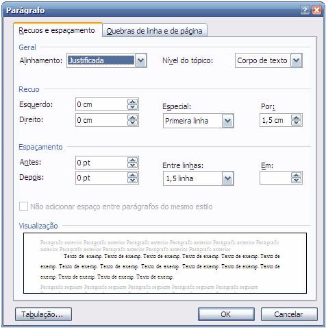47 Imagem 5 Modificando parágrafo Configurar alinhamento para justificado. Em especial, selecione a opção primeira linha e o tamanho do parágrafo conforme sua padronização.