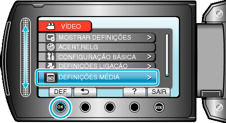Configurações de menu SUP DE GRAV IMAGEM (GZ-HM335/GZ-HM334/GZ-HM330) Define o suporte de gravação/reprodução das imagens fixas Definição MEMÓRIA INCORPORADA CARTÃO SD Ao apresentar o item 1 Toque em