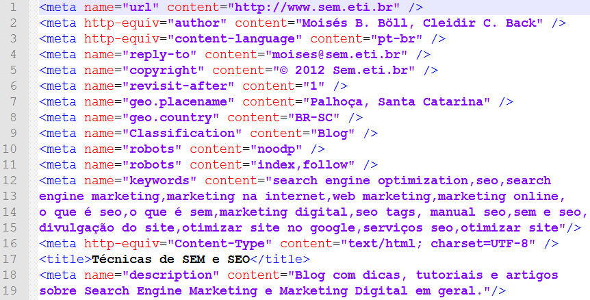 75 Figura 26 - Tags e meta tags do site criado para o projeto deste trabalho. Fonte: Elaboração dos autores. Disponível em: http://www.sem.eti.br. Acesso em 25 Abr. 2012.