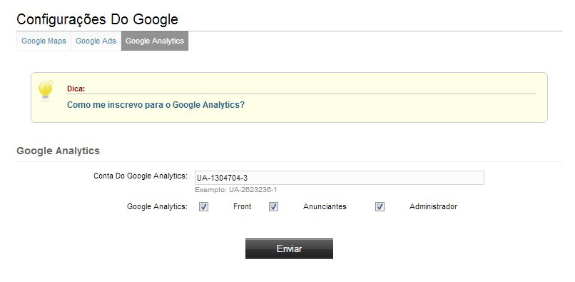 Você também recebe uma identidade, a UA xxxxxx. Esta identidade você pode inserir na sua área de administrador. Lá você escolhe quais partes do sistema gostaria de acompanhar através do Analytics.