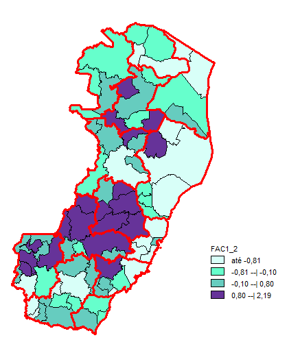 Cartograma 6 Municípios classificados segundo quartos do fator 1 (dados relativos) - ES Fator 2 (ordem decrescente de magnitude) A Tabela 17 apresenta as principais variáveis com cargas fatoriais