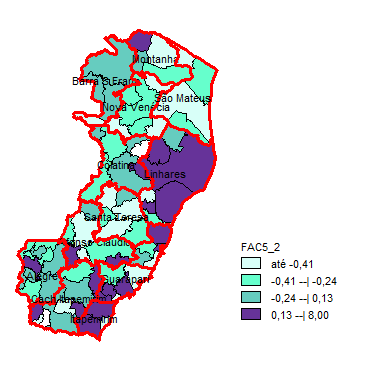 O Cartograma 10 apresenta os municípios com os contornos das microrregiões classificados segundo ordenação do fator 5.