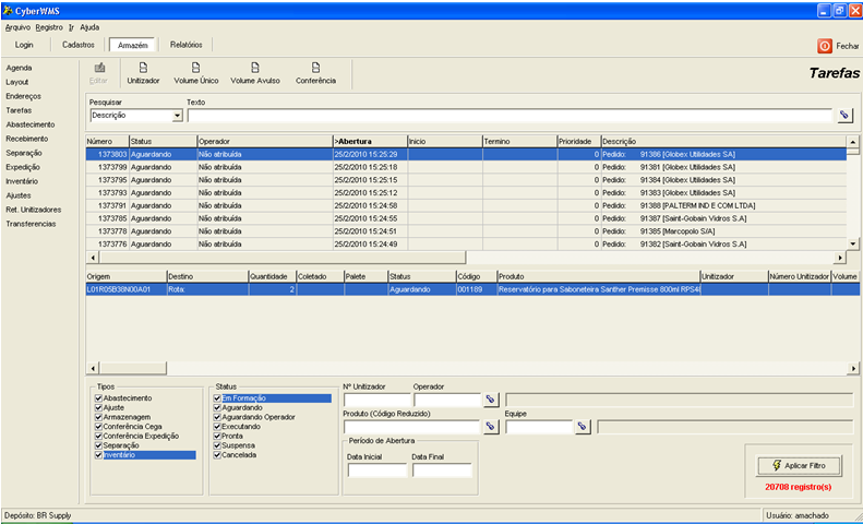 Figura 3 - Tela de controle das tarefas do Cyber WMS 3.2 Entrada de Materiais (Recebimento) O processo de recebimento de materiais se dá em duas etapas: conferência cega e armazenagem.