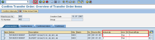 > Inserir o Warehouse Number (807). > Clicar no botão. Vamos assumir neste exemplo que a diferença é de 1 peça. Assim sendo: > No campo Actual quantity apagar a quantidade actual (tecla ).