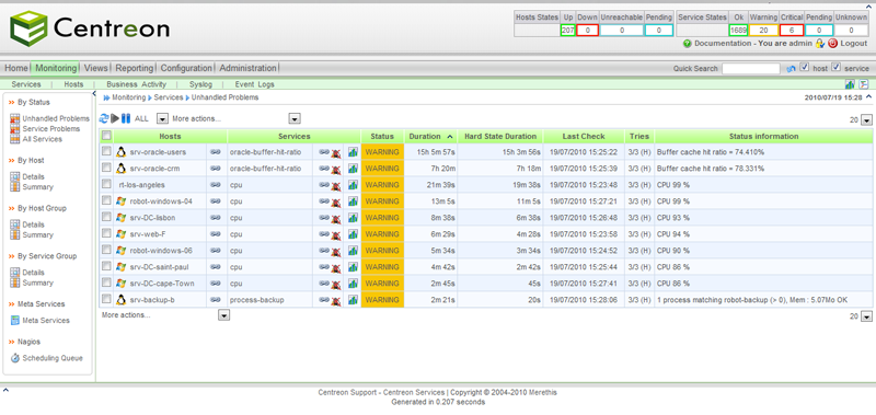 2.5.2.2. Funcionalidades A interface Web desta solução divide-se em cinco secções, a de monitorização, a de visualização, a dos relatórios, a de configuração e a de administração do próprio Centreon.