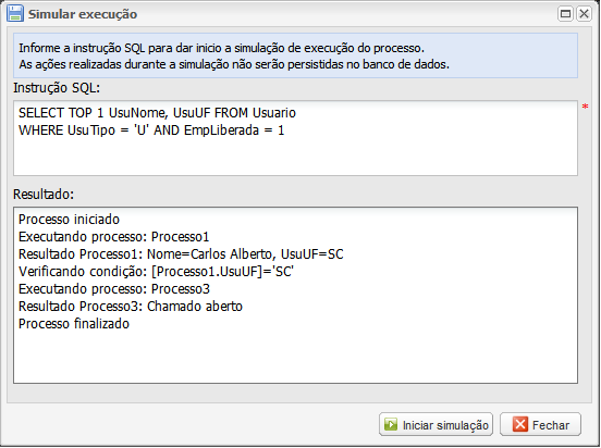 40 utilizados nos demais durante as atividades do processo, utilizando o nome da coluna da instrução entre chaves. A Figura 21 ilustra a tela de simulação de execução do processo modelado.
