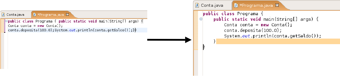 5 ) Use o Control + Shift + F para formatar o seu código. Dessa maneira ele vai arrumar a bagunça de espaçamento e enters do seu código. 6 ) (opcional) O que são os arquivos.project e.classpath?