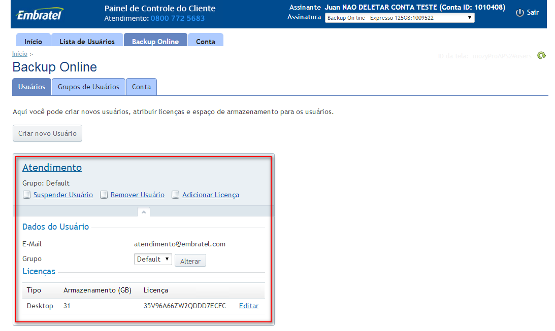 EDIÇÃO DA CONTA DE USUÁRIOS Na aba Usuários é possível realizar ações como: suspender, remover, adicionar nova licença e editar cota de armazenamento