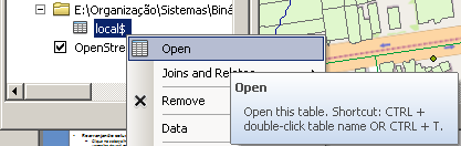 Abrindo Tabelas Tipos de tabelas Tabelas de Atributos da Camada Outras Tabelas Não associadas com um arquivo de geometria Adicionado Tabelas ao Mapa Tabelas de atributo de camada são carregadas por