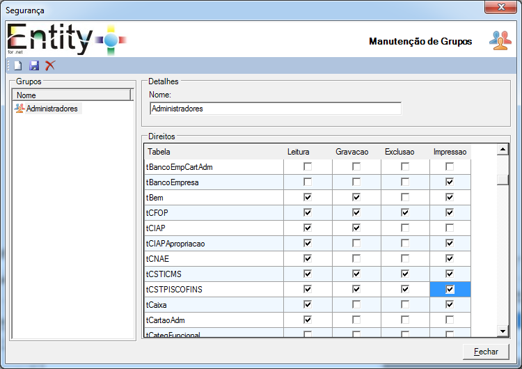 Após configurar o sistema de segurança, você já pode administrar os usuários de dentro do ambiente do Entity+, através do botão Gerenciar grupos de usuários, ou através do menu Banco