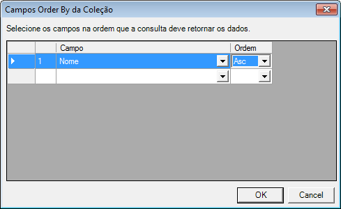 Para que os dados da coleção venham ordenados pelo campo Nome, definiremos este campo como order by, clicando no botão Order By. Selecione o campo na lista e a ordem.