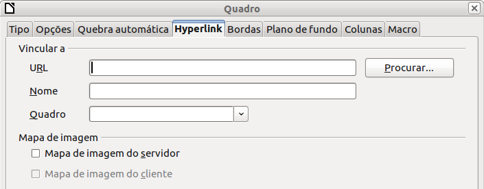 Figura 18: Aba Opções da caixa de diálogo Quadro Na aba Hyperlink (Figura 19), você pode definir um arquivo que será aberto pelo hiperlink.