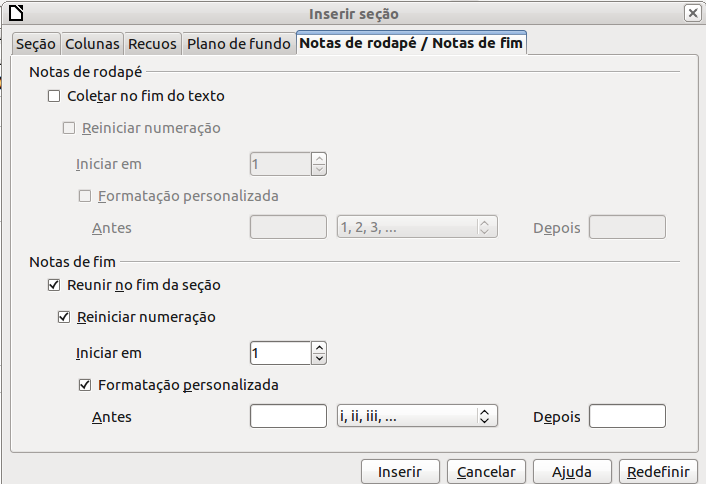 Entre com o recuo desejado para a margem esquerda no item Antes da seção da aba Recuos. Do mesmo modo, para a margem direita, entre com o valor desejado também para o item Depois da seção.