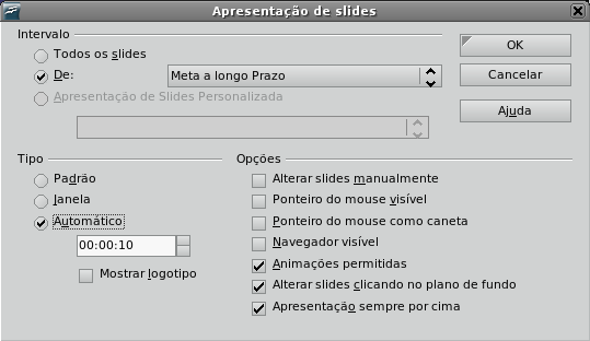 10 Apresentação de Slides Contém comandos e opções para executar uma apresentação. 10.1 Apresentação de Slides Inicia a apresentação em tela cheia a partir do slide selecionado. 10.2 Configurações da Apresentação Esta opção permite que o usuário configure diversas variáveis da Apresentação.