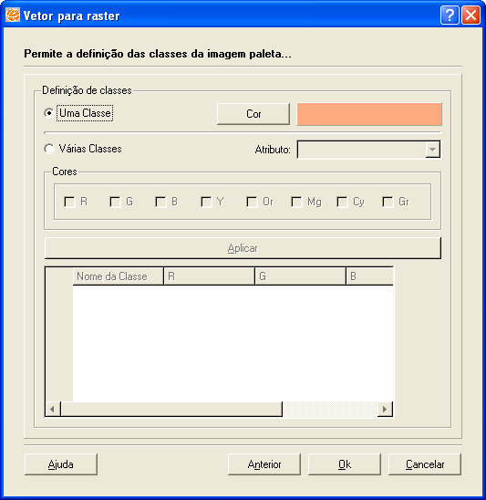 Figura 16. 44 Definição da cor - Vetor para Raster 9. Clique no botão OK. 10. Será criado um plano de informação com a imagem resultante. Várias Classes: 7. Escolher a opção Várias Classes. 8.