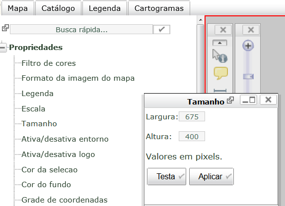 3.1.1.1.5 Tamanho Altera o tamanho da tela. Os valores estão em pixels.