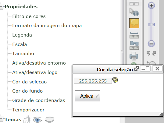 3.1.1.1.6 Ativa / desativa entorno 3.1.1.1.7 Ativa / desativa logo 3.1.1.1.8 Cor da seleção Possibilita que o usuário altere a cor que indica que determinado tema ou parte dele está selecionado.