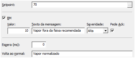 Aba Digital 13.4.5 Alarme Banda Morta 1. Na Área Caldeira, insira um Alarme de Banda Morta chamado Vapor. 2. No campo Fonte, busque a propriedade Value do tag Vapor.