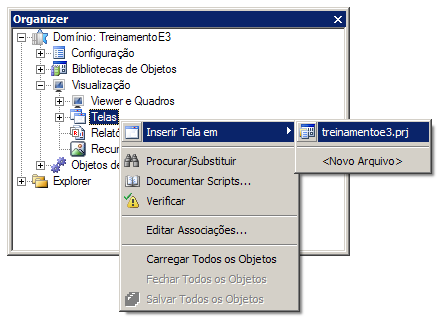 5.4.1 Telas 1. Clique com o botão direito do mouse sobre a pasta Telas e escolha a opção Inserir Tela em - TreinamentoE3.prj. Inserir Tela 2.