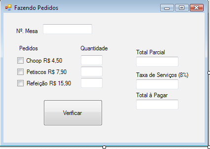 12.11 Controle de Pedidos Linguagem C# Crie um programa onde o usuário possa fazer um mini-pedido na lanchonete, obtendo seu total e valor de serviços.