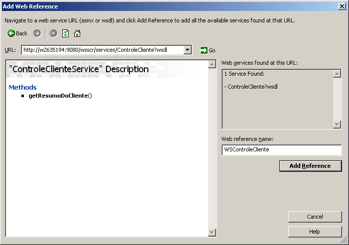 Figura 7 - Importando o WSDL Após este passo, as classes de dados e o stub serão criados pelo próprio Visual Studio.NET, sendo sua manipulação bastante simples. 4.