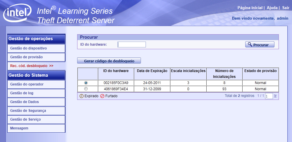 Recuperação de Código de Desbloqueio 13 Na página Geração de Código de Desbloqueio você pode gerar o código de desbloqueio para um dispositivo.