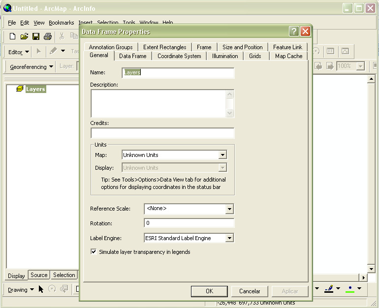 A DATA FRAME é organizada no TABLE OF CONTENTS. Ao abrir o ARCMAP a primeira FRAME aparecerá com o nome de LAYER.