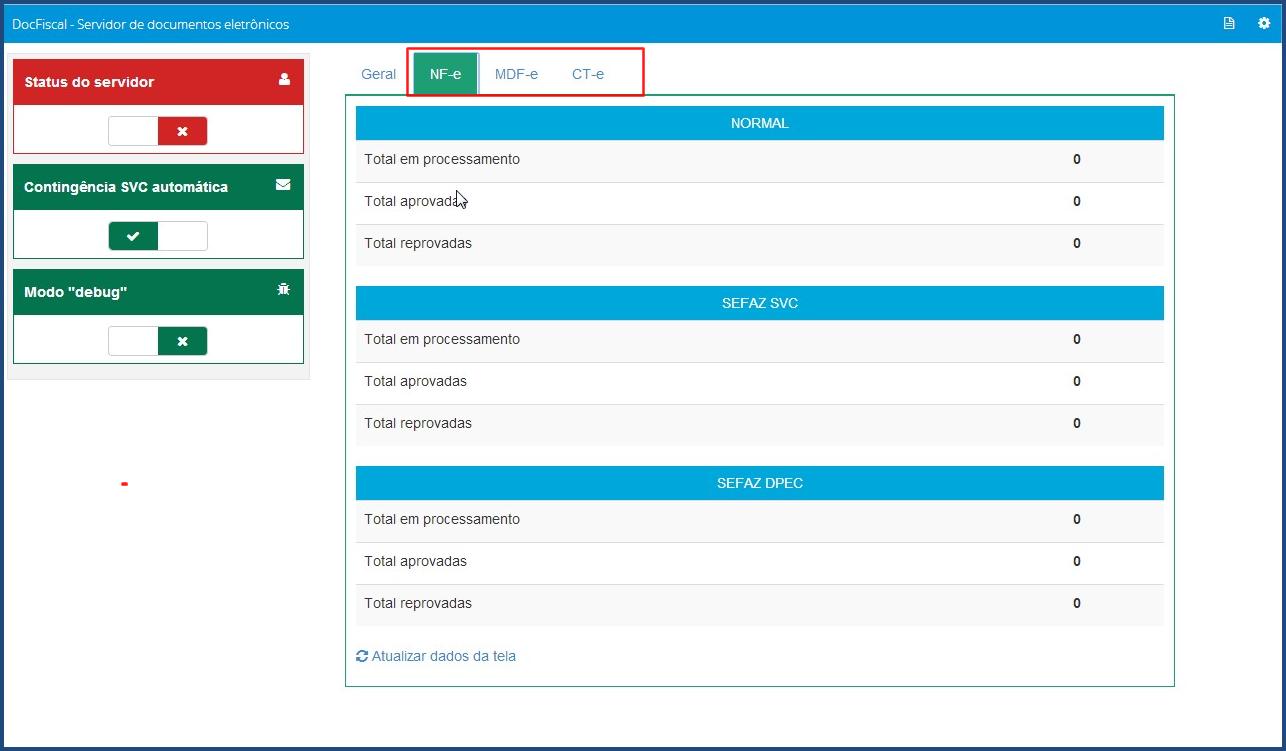 Observação: Nas abas NF-e, MDF-e e CT-e você poderá acompanhar o