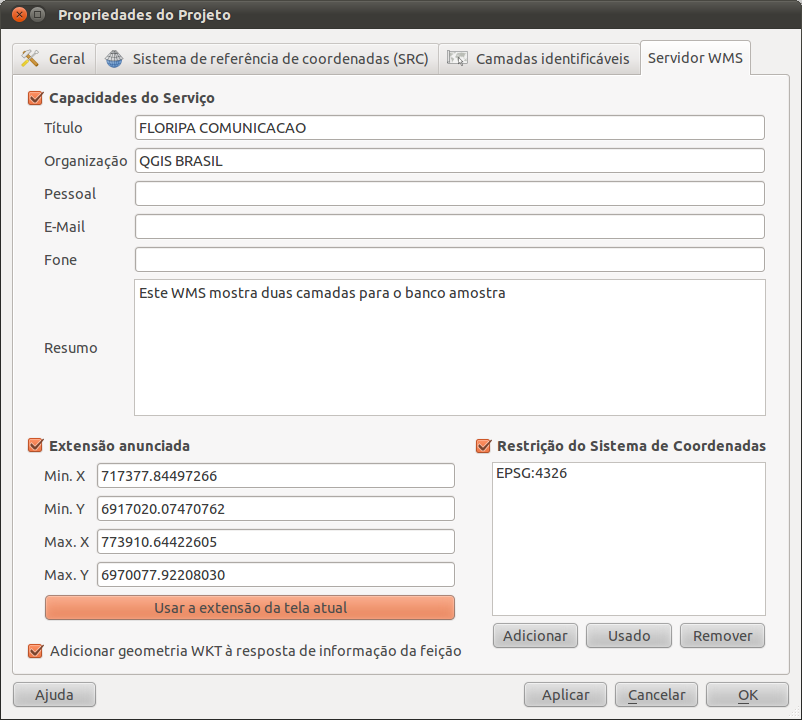 Figura 8.1: Definições para um projeto de servidor WMS do QGIS. Para fornecer o projeto como um WMS, nós criamos uma nova pasta '/usr/lib/cgi-bin/project ' e uma cópia do arquivo qgis_mapserv.