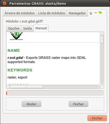 (a) Opções do módulo (b) Saída do módulo (c) Módulo manual Figura 9.9: Diálogos de módulos da caixa de ferramentas do GRASS.