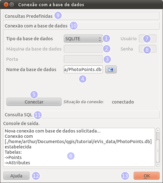 Figura 12.11: Janela de conexão com a base de dados evis.