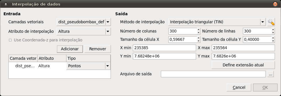 Figura 12.24: Complemento de interpolação. Usando o complemento a) Carregue um arquivo de pontos conforme explica existente dist_pseudobombax_def.csv)., o item 12.3 na (e.