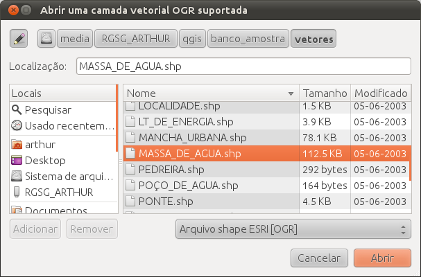 Figura 4.2: Diálogo abrir arquivo OGR suportado. A caixa de seleção Arquivos do tipo...... permite pré-selecionar arquivos no formato OGR compatíveis.