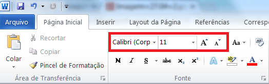 Fonte: Tipo e Tamanho O Word permite que você altere o tipo da fonte e o seu tamanho. Para usar essa característica da ferramenta execute os seguintes passos: 1. Selecione o texto desejado. 2.