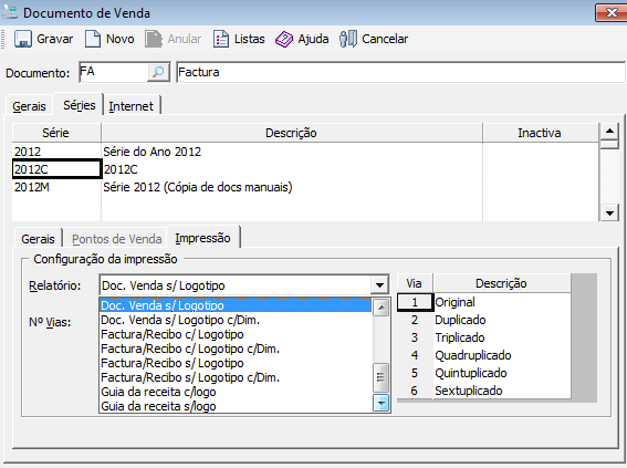 no separador Séries, colocar o cursor em cima da série que está a ser utilizada. Mais abaixo, no separador Impressão, terá que modificar o relatório para Doc. Venda S/logótipo e gravar.